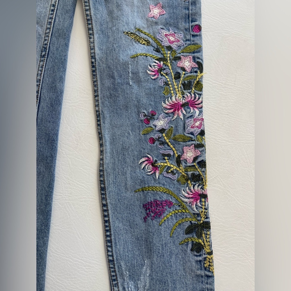 Floral Embroidered Jeans Women 28 Boho Skinny Blue Denim - Picture 4 of 15